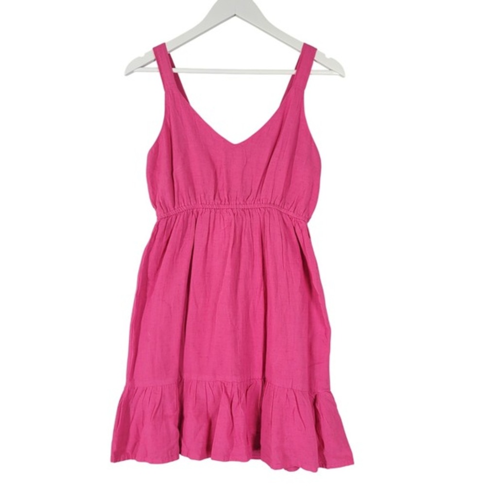 Sim & Sam Linen‎ Blend Mini Dress Women Size M Pink Smocked Ruffle V-Neck